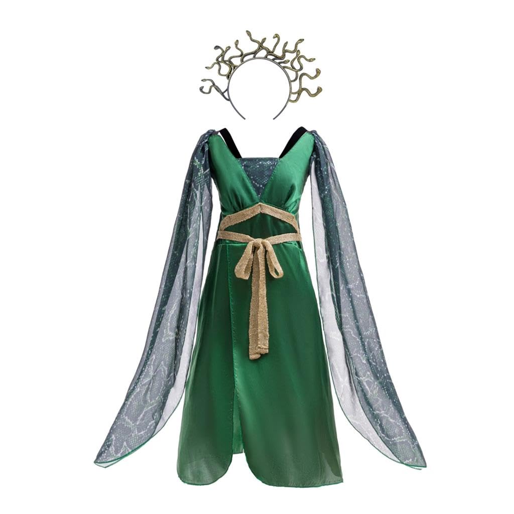 Lito Angels Medusa Fancy Dress Up Halloween Costume with Gold Snakes Headband for Kids Girls Age 11-12 Years, Green