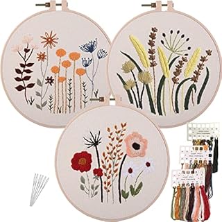 "N/A" 3 Sets of Embroidery Starter Kit with Floral Patterns, Embroidery Cloth with Pattern, Cross Stitch Kit with Floral or Plant Pattern, Cross Stitch Set for Beginners, Decor Living Room