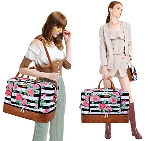 Image of Travel Weekender Bag for Women, Overnight Bag with Shoe Compartment Oversized Travel Duffel Bag Carry On Tote 21 inch, M-Flower Black & White Strips, Large, Weekender Bag