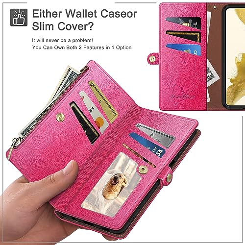 Image of XcaseBar Compatible with Samsung Galaxy S25 Wallet case with Zipper Credit Card Holder【RFID Blocking】,Flip Folio Book PU Leather Phone case Shockproof Cover Women Men for Samsung S25 case Rose Red