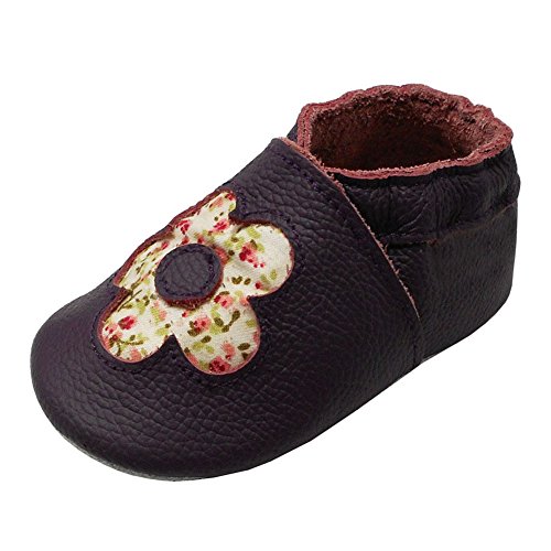 YIHAKIDS Chaussons Bébé en Cuir Doux Pantoufles Enfant Chaussures Cuir Souple bébé et Bambin(Size M, 6-12 Mois,violet foncé, fleurs, 21/22 EU)