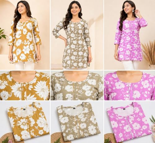 Image of Women Floral Printed Short Kurti Combo Pack of 3 | Stylish Casual Wear Kurtis for Daily & Office Wear Pink