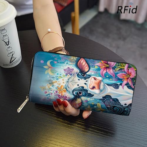 Image of RFID Blocking Leather Wallet for Women - Large Capacity Zip Around Clutch with 8 Card Slots,7 Cash Pockets & Coin Zipper,Watercolor Cow