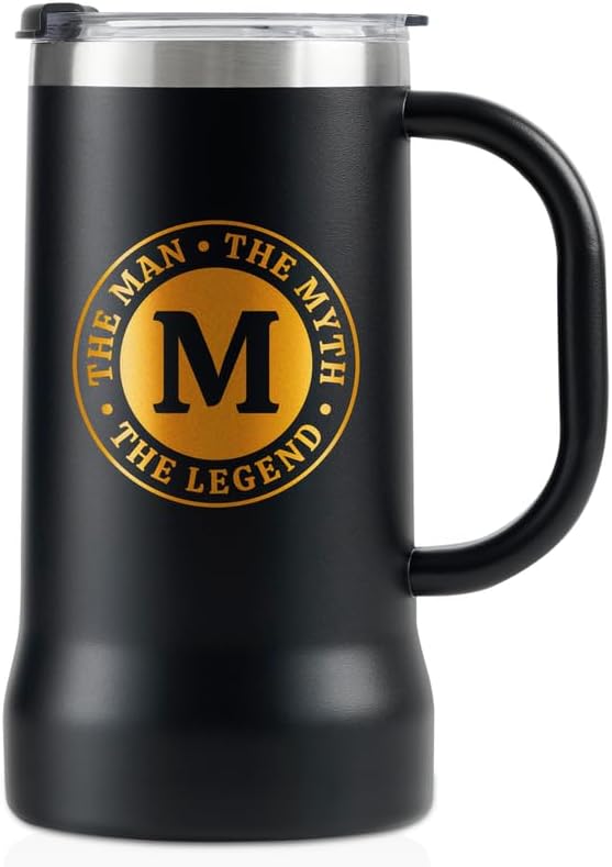 Onebttl Personalized Travel Mug with Handle, Beer Stein for Men, Funny Custom Alcohol Gifts for Beer Lovers, Unique Birthday Christmas Gifts for Him, the Man the Myth the Legend, M