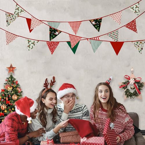 Image of Zwiebeco 32Ft Christmas Pennant Fabric Triangle Flags Garland Red Green White Cotton Bunting Banner for Merry Xmas Party Birthday Wedding New Year Fireplace Home Garden Outdoor Decorations