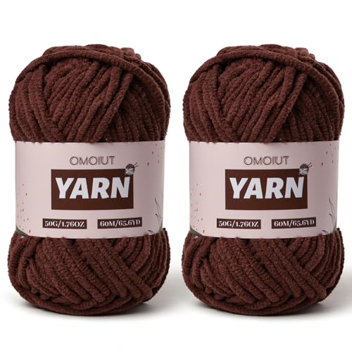 Image of 2 Packs Plush Chenille Chunky Crochet Yarn - Baby Yarn for Crocheting Soft - Velvet Yarns Knitting for Blankets Crafts - Fluffy Amigurumi Yarns 100g /131yds (2 Dark Coffee)
