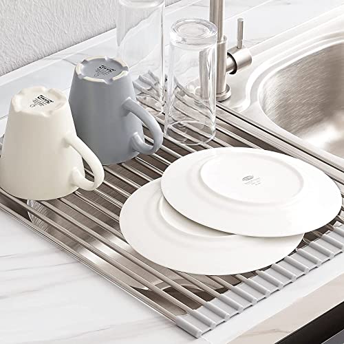 LIMNUO Roll Up Dish Drying Rack, Over The Sink Dish Drying Rack Kitchen Rolling Dish Drainer Foldable SUS304 Dish Drying Rack for Kitchen Sink Counter (L-18.5''(W) 13.2''(L), Gray)