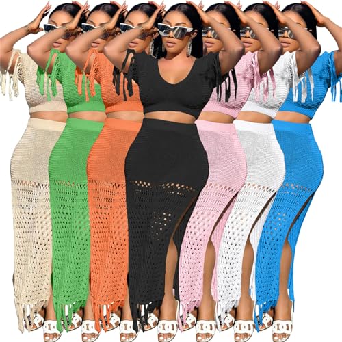 Image of CALEBGAR 2 Piece Outfits for Women Sexy Crochet Tassel Split Midi Dress Summer V Neck Knitted Hollow Crop Tops Y2K Streetwear