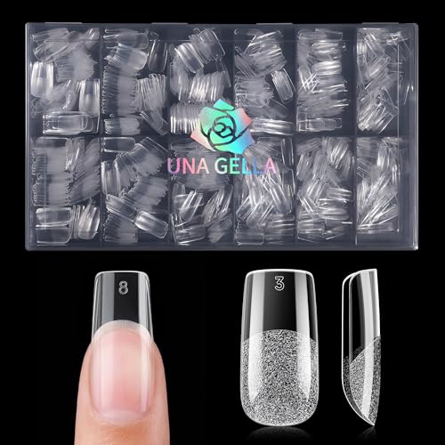 Image of UNA GELLA 600pcs Medium Square Nail Tips, Pre Etched Nail Tips Square Press on Nails Soft Gel Clear Fake Nails Full Cover For Nail Extension Home DIY Nail Salon 12 Sizes