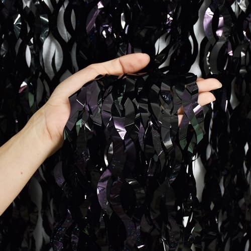 Image of TONIFUL 3Pcs Wavy Metallic Tinsel Foil Fringe Curtains Black Streamer Backdrop for Photo Booth Props,Party Door Wall Curtain,Bachelorette,Birthday,Halloween,80s 90s Grad Party Decor (9.9ft x 6.6ft)
