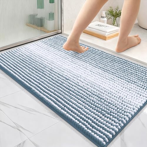 Image of OLANLY Bathroom Rugs 36x24, Extra Soft Absorbent Chenille Striped Bath Rugs, Rubber Backing, Machine Wash Dry, Bath Mats for Bathroom Floor, Tub and Shower, Home Decor Accessories, Airy Blue