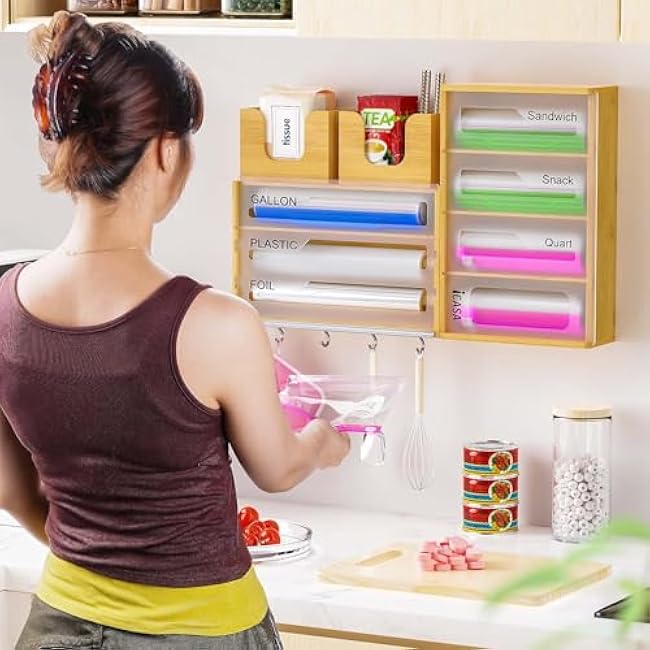 Storage Bag Organizer Plastic Wrap Dispenser with Cutter - 15 in 1 Bamboo Foil and Plastic Wrap Organizer with 4 Hooks, Wall-Mounted Food Bag Storage Container for Gallon, Quart Bags & 12 Rolls