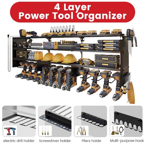 Image of 53 inch Power Tool Organizer Wall Mount with Power Strip, Black Heavy Duty Metal Tool Shelf, 400lbs Capacity for Cordless Drills, Batteries & Garage Storage (12 Slots with 8 Outlets Power Strip)