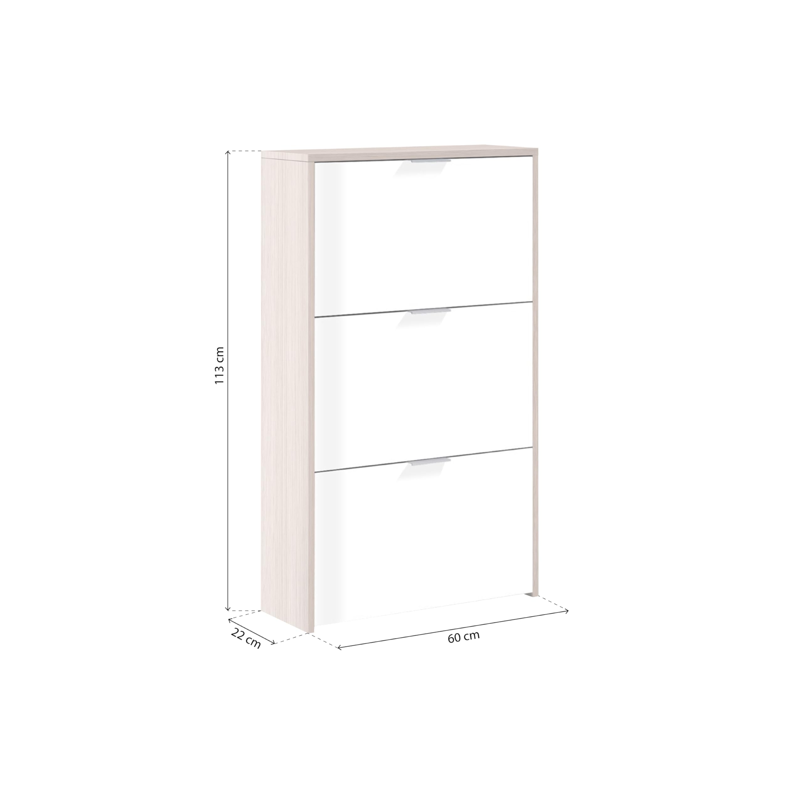duehome | Zapatero 3 Puertas, Zapatero Estrecho, Acabado en Color Blanco Brillo y Roble Canadian, Modelo Remi, Medidas: 60 cm (Largo) x 113 cm (Alto) x 22 cm (Fondo)