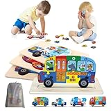 4 Piece Wooden Puzzles Set for Kids - Toddler Montessori Wooden Puzzles Set (4 Puzzles+Storage Bag), Non Toxic Puzzles for Child Development and Vehicle Recognition, Gift for 2,3,4,5,6,7 Year olds.