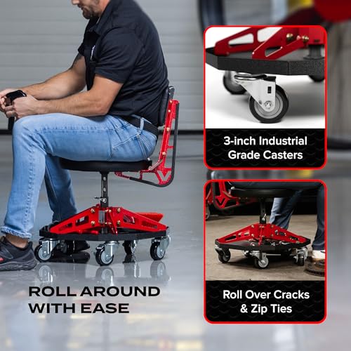 Vyper Robust Steel Sport Shop Chair for Mechanics, Automotive, DIY - Made in USA - 300 lb Capacity Garage Stool with Backrest & Large Wheels (Black Seat, Red Frame)