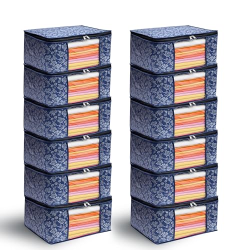 Image of Flower Printed Saree Covers for Cloth Storage & Wardrobe | Transparent Window, Zipper Closure | Blue | Pack of 12 | Dustproof, Breathable, Travel & Home Use