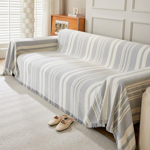 Treer Jeté de Canapé Tissu Chenille avec Gland, Style Rayures Jete de Canape Grande Taille Housse de Canapé 1 2 3 4 Places Réversible Couvre Canapé...