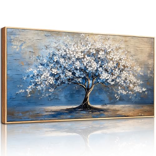 SERIMINO Tree of Life Wall Art, Large Framed Wall Art, Blue Tree Abstract Painting Art Prints, Nature Plant Canvas Art Wall Decor, Modern Neutral Pictures for Living Room Bedroom Office Hotel 24"X48"