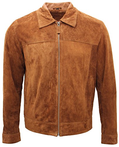 YKK zip Infinity Leather Giacca Classica da Uomo in Pelle Scamosciata Color Marrone Chiaro 100% Vera Pelle di Camoscio M