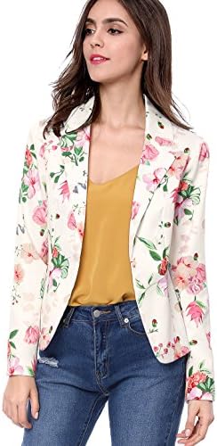 Allegra K Women's Open Front Notch Lapel Printed Business Casual Suit Blazer Jacket Medium White-Floral
