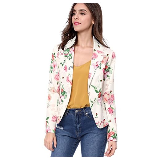 Allegra K Women's Open Front Notch Lapel Printed Business Casual Suit Blazer Jacket Medium White-Floral