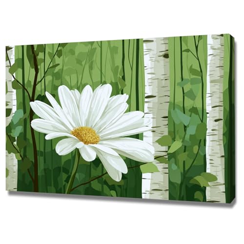 Tableau marguerites en forêt vert 60x90cm : décoration murale chambre fleur encadrée