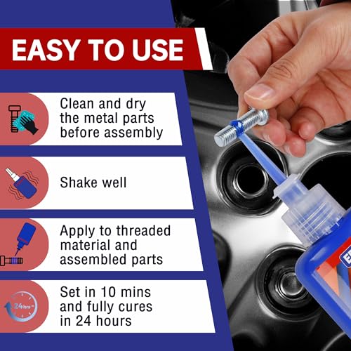 Image of EPASUN 50ml Threadlocker Blue M243, Thread Lock Medium Strength Lock Tight for Nuts, Bolts, Fasteners, and Metals to Prevent Loosening and Corrosion