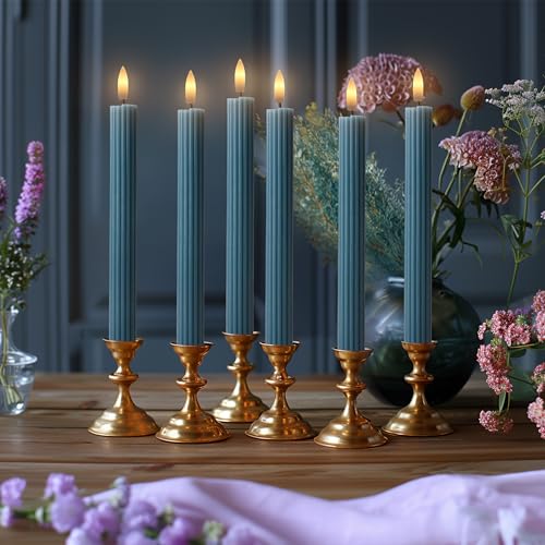 Image of 10 inch Fluted Ribbed LED Blue Grooved Real Wax Taper Candles, Remote & 24h Timer Memory, On /Off Switch - Flameless Dimmable Battery Operated w /Flicker Mode, Home Wedding Decor (6 Pack)