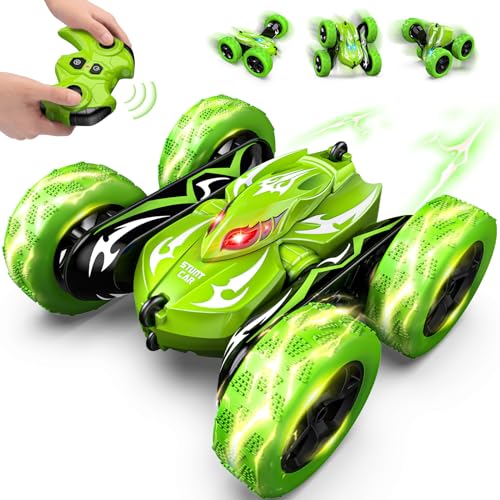 HappyGoLucky 360 Flips Remote Control Cars Boys Kids Toys Age 3-12 15KM/H 2.4GHz Monster Truck RC Stunt Car Outdoor Garden Toys Birthday Presents Easter Gifts for 3-12 Year Old Boy Green
