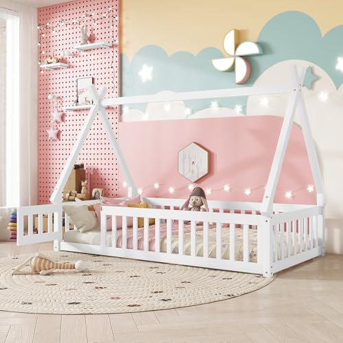 Mirightone Twin Floor Bed for Kids Tent-Shaped Montessori Floor Bed with Slats and Guardrails Twin...