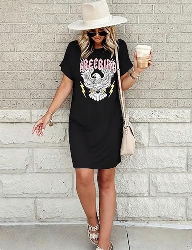 Image of Vintage Rock Country Music Dress for Women Rock Concert Band Graphic Tshirt Casual Letter Print Short Dress