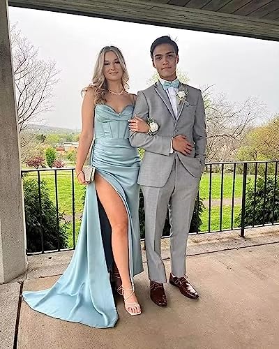 Heimo Spaghetti Straps Mermaid Prom Dress 2023 Long Satin Pleated Bodycon Formal Dresses For Women Evening Party With Slit Gold Us0 #TOP4