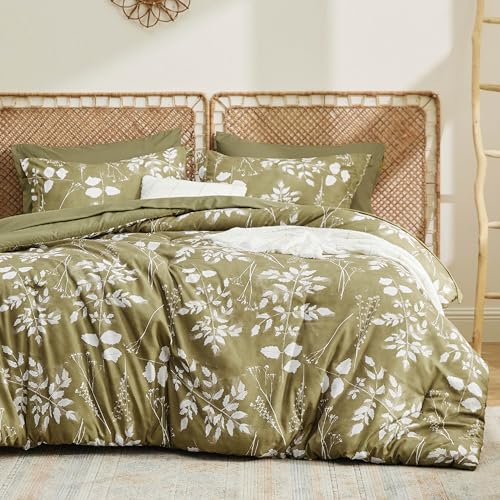 Image of Bedsure Floral Olive Green Comforter Set, Queen Bedding Sets, 7 Piece | Bed in a Bag, Comforters, Bedroom, Reversible, Fluffy, Whisper-Quiet, All-Season, Polyester, Easy Care, Botanical-Chic, OEKO