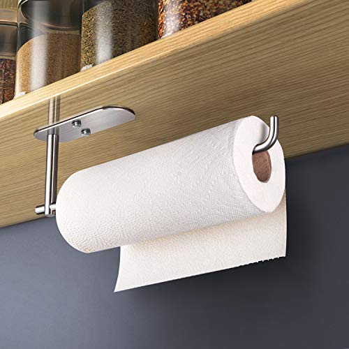 Image of VAEHOLD Self Adhesive Paper Towel Holder Under Cabinet Mount, Wall Mounted Paper Towel Roll Holder for Kitchen, Bathroom, Wall - SUS304 Stainless Steel (Silver)