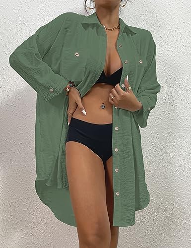 Image of Bsubsach Button Down Swimsuit for Women Sweatshirt Dress with Ruffled Sleeves Beach Shirt