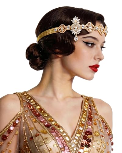 Zinniday 1920s Flapper Headband for Women Vintage Gold Crystal Roaring 20s Headpiece with Rhinestone Charm 20s Flapper Hair Accessories for Harlem Nights Cocktail Dancing Party Halloween