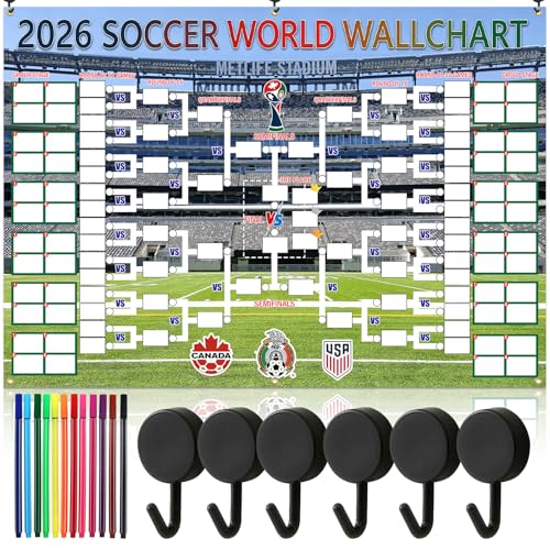 qiyeyeye 83x59 Inch World Cup Schedule Poster Soccer Party Decor Wallchart Trophy Showcase Backdrop Banner for International Office Bar and Fan Gift