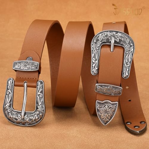 Image of JASGOOD Double Buckle Western Belts for Woman Cowgirl Country Belt Vintage Black Leather Belt for Jeans Pants Dresses