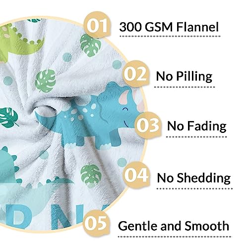 Personalized Dinosaur Blanket Gifts with Name - 40"x50" Cute Throw for Girls & Boys - Blue Soft Fuzzy Blankets for Bed, Couch & Living Room