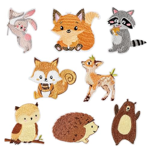 8Pcs Woodland Animals Iron on Patches Cute Fox Squirrel Raccoon Hedgehog Sew on Repair Embroidered Applique Wild Jungle Safari Baby Shower Forest Creature DIY Crafts Gift for Clothing Backpack Hat