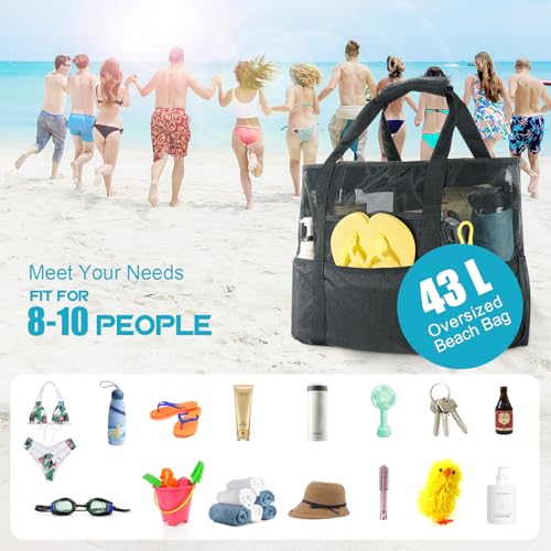 24 inch Large Mesh Beach Bag with Zipper, Oversized Foldable Lightweight Family Beach Tote with 7 Pockets, Vacation Essentials Beach Accessories3