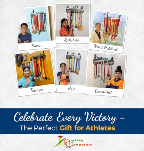 Image of NAITIK CREATION Personalized Medal Hangers for Wall Display - Customised Sports Medal Holder with Custom Name, Holds Up to 65 Medals, Black Glossy Finish