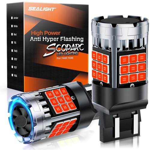 Image of SEALIGHT 7440 7443 LED Bulb Red, 7441 7444 LED Bulbs for Brake Lights, 600% Brighter T20 W21W for Stop Tail Brake Signal Lights, Pack of 2