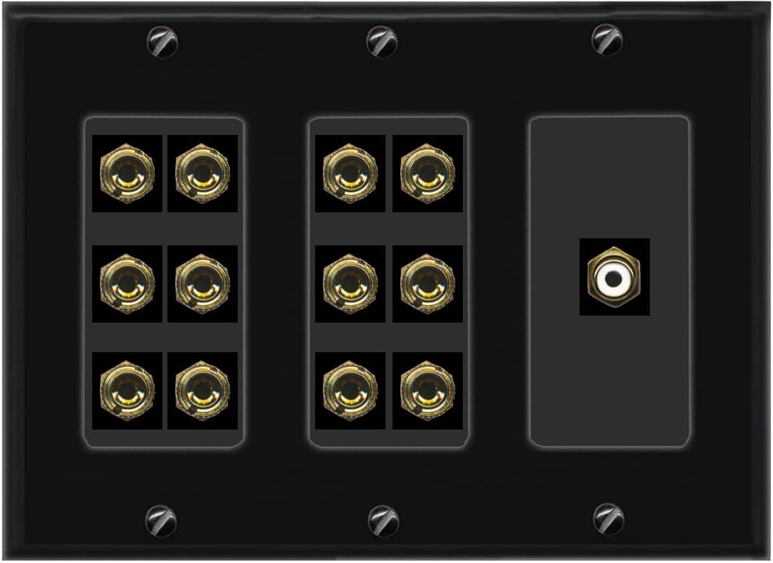 RiteAV 6.1 Surround Sound 6 Speaker 12 Banana Plug Jack Wall Plate w/RCA Subwoofer Female Connector - 3 Gang [Light Almond]