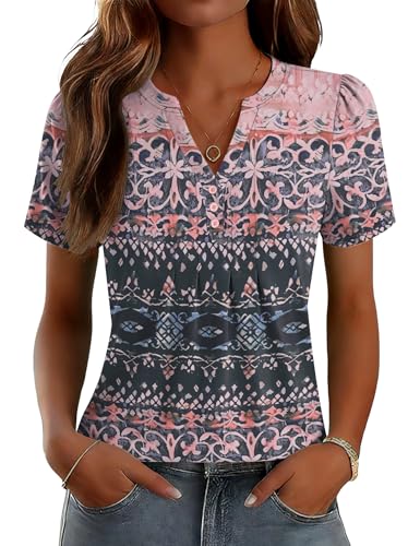 LOMON Womens Boho Blouses Pink Tribal Pattern V Neck Short Sleeve Soft Tunic Tops Dressy Casual M