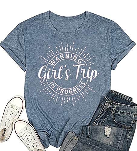 Image of Women's Casual Warning Girls Trip in Progress T-Shirt Casual Crewneck Short Sleeve Graphic Tee