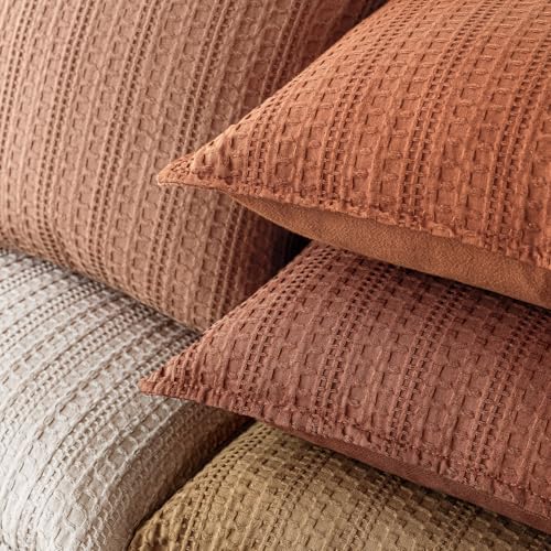 Image of Foindtower Set of 2 Decorative Cotton Waffle Weave Throw Pillow Cover Euro Shams Cushion Covers Accent European Pillowcase For Bed Couch Sofa Bedroom Living Room Home Decor 26x26 Inch Fall Rust Orange