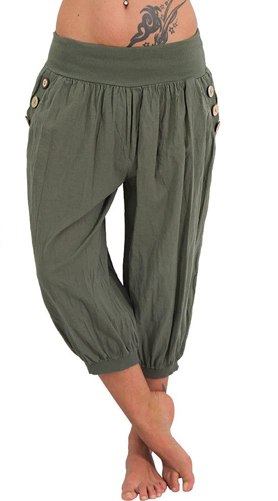VeatzaerWomen's Elastic Waist 3/4 Capri Harem Pants with Pockets Casual Loose Solid Yoga Trousers S-XXL