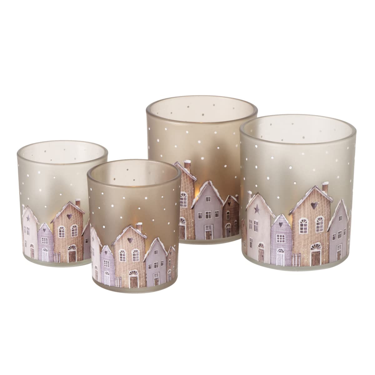 4er Set Windlichter Aus Glas – Vintage Shabby Chic, Höhe 8 & 10 Cm, Grau-weiß-blaue Streifen